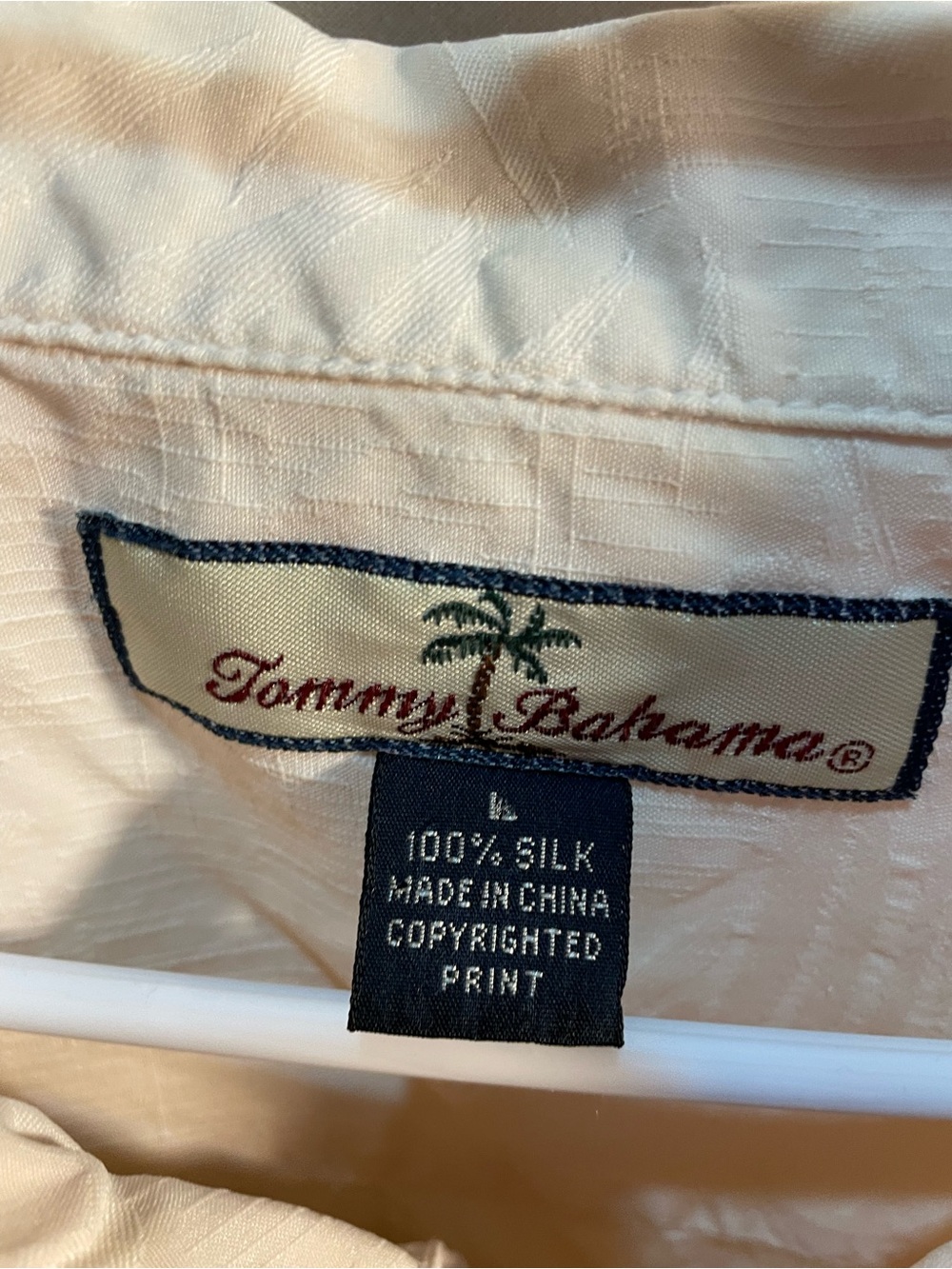 Tommy Bahama White Silk Button-Down Shirt with Navy and Green Logo